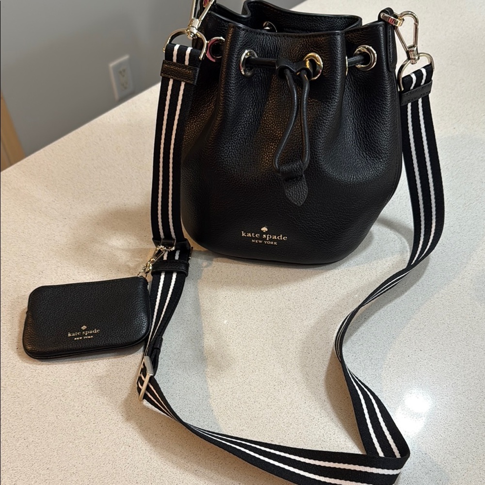 NWOT Kate Spade Black Leather Crossbody Bag with Striped Strap
